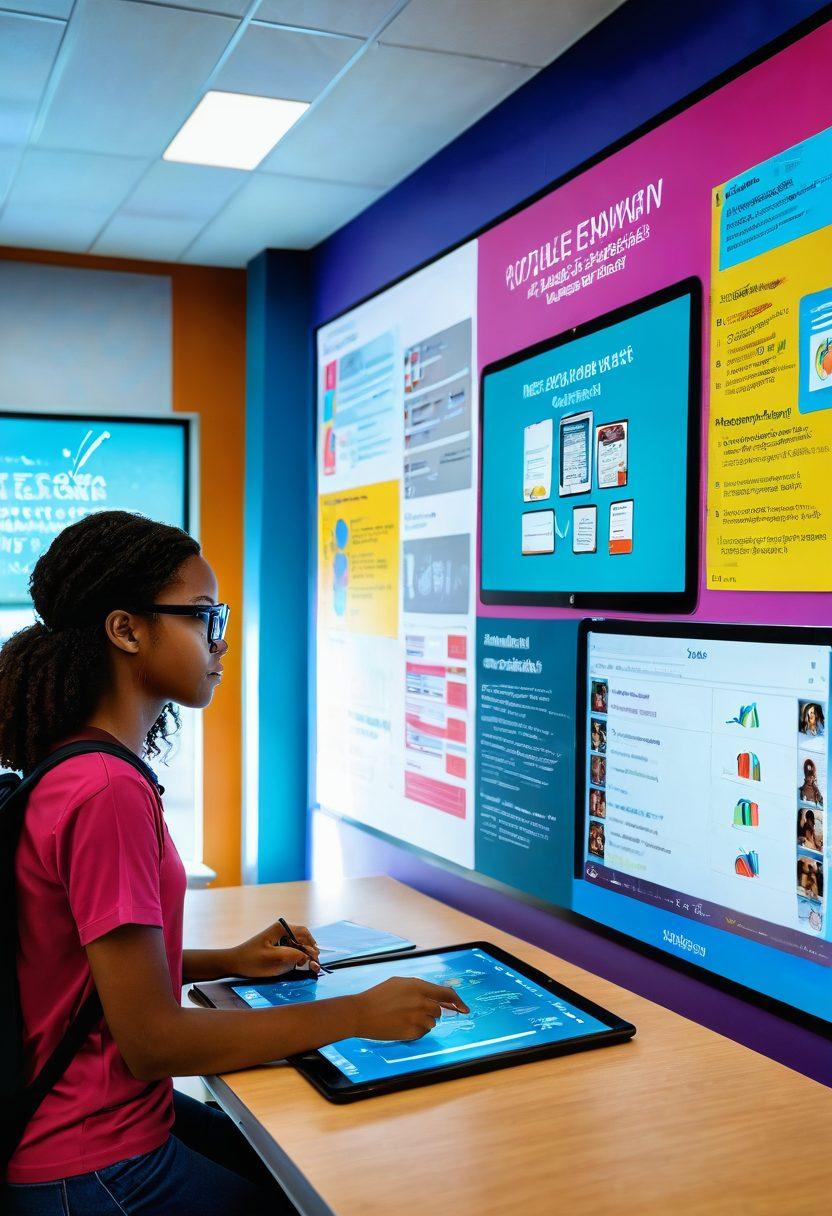 A futuristic classroom filled with diverse students engaging with digital tools like tablets, interactive whiteboards, and virtual reality headsets. Brightly colored posters showcasing innovative evaluation methods adorn the walls. In the foreground, a teacher uses a holographic interface to assess student progress, with data visualizations floating beside them. The atmosphere is energetic and inspiring, highlighting creativity and technology in education. vibrant colors. 3D. super-realistic.