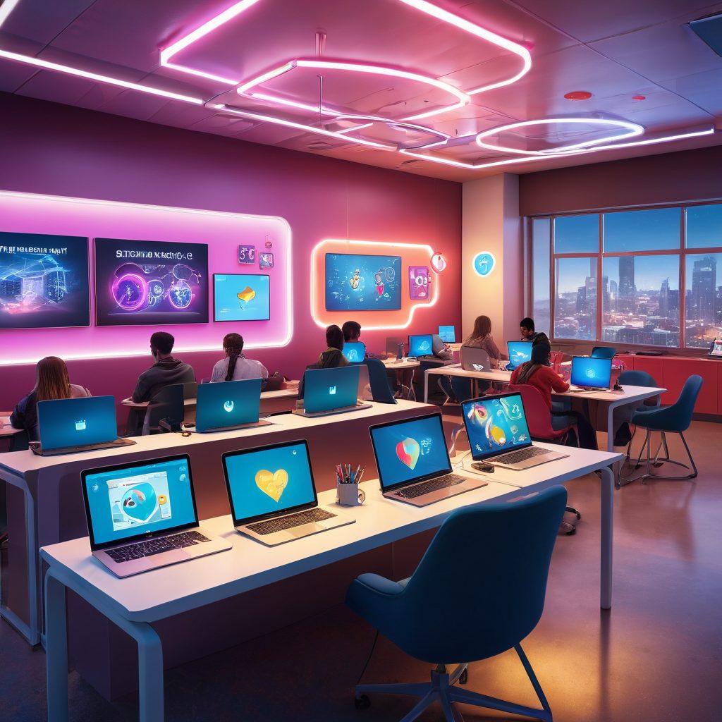 An engaging scene depicting diverse students interacting with laptops in a vibrant virtual classroom, with floating online assessment elements like quizzes and grades around them. Incorporate dreamy digital hearts symbolizing virtual romance and connections in the learning environment. Use warm colors and a mix of futuristic and cozy elements to convey a friendly e-learning atmosphere. super-realistic. vibrant colors. modern digital art.